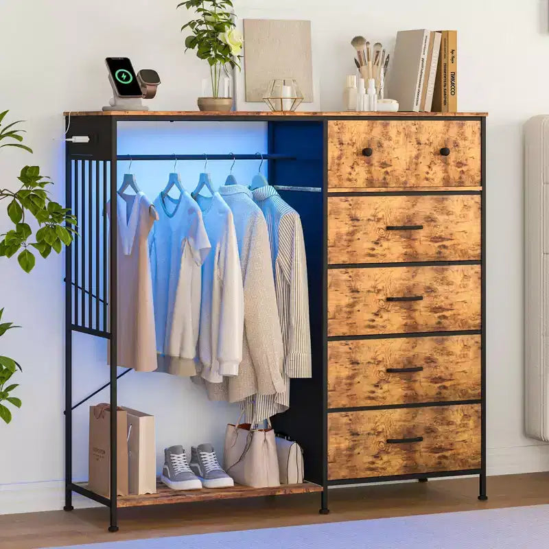 Coiffeuse de 125 cm avec portant et lumières, meuble de rangement de placard à 6 tiroirs avec station de charge