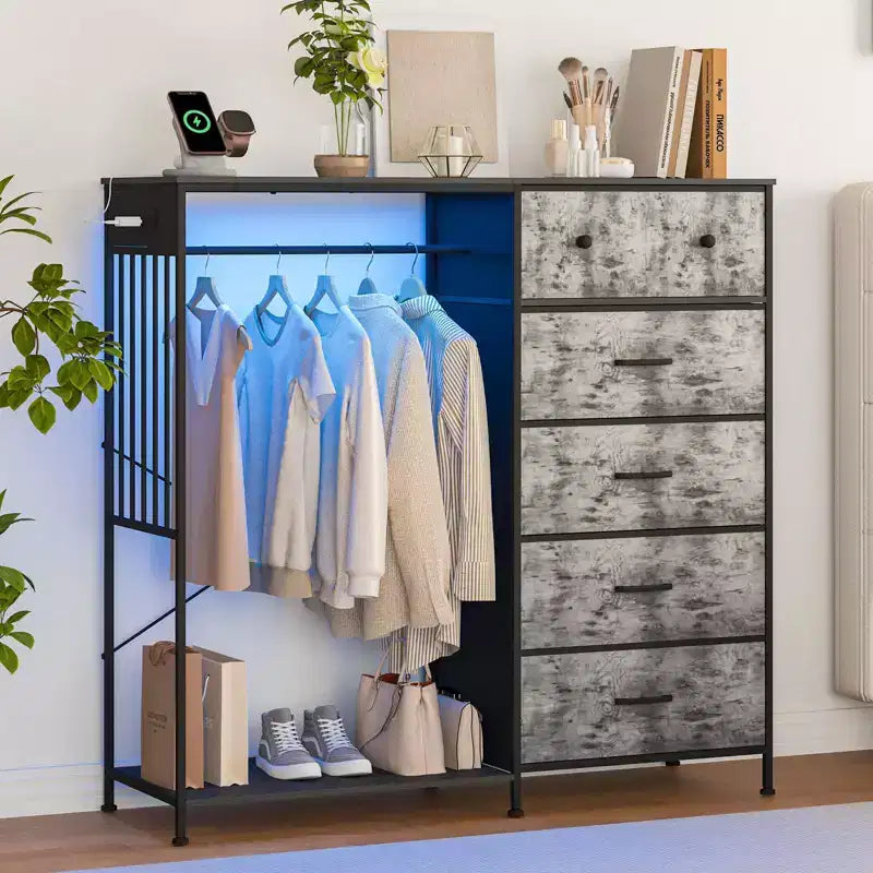 Coiffeuse de 125 cm avec portant et lumières, meuble de rangement de placard à 6 tiroirs avec station de charge