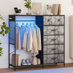Coiffeuse de 125 cm avec portant et lumières, meuble de rangement de placard à 6 tiroirs avec station de charge