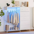 Coiffeuse de 125 cm avec portant et lumières, meuble de rangement de placard à 6 tiroirs avec station de charge