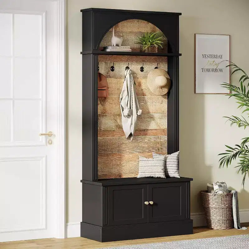 Porte-manteau Lantine de 180 cm avec banc de rangement, meuble d'entrée 4 en 1 avec porte-manteau et 5 crochets pour entrée, couloir, noir et marron