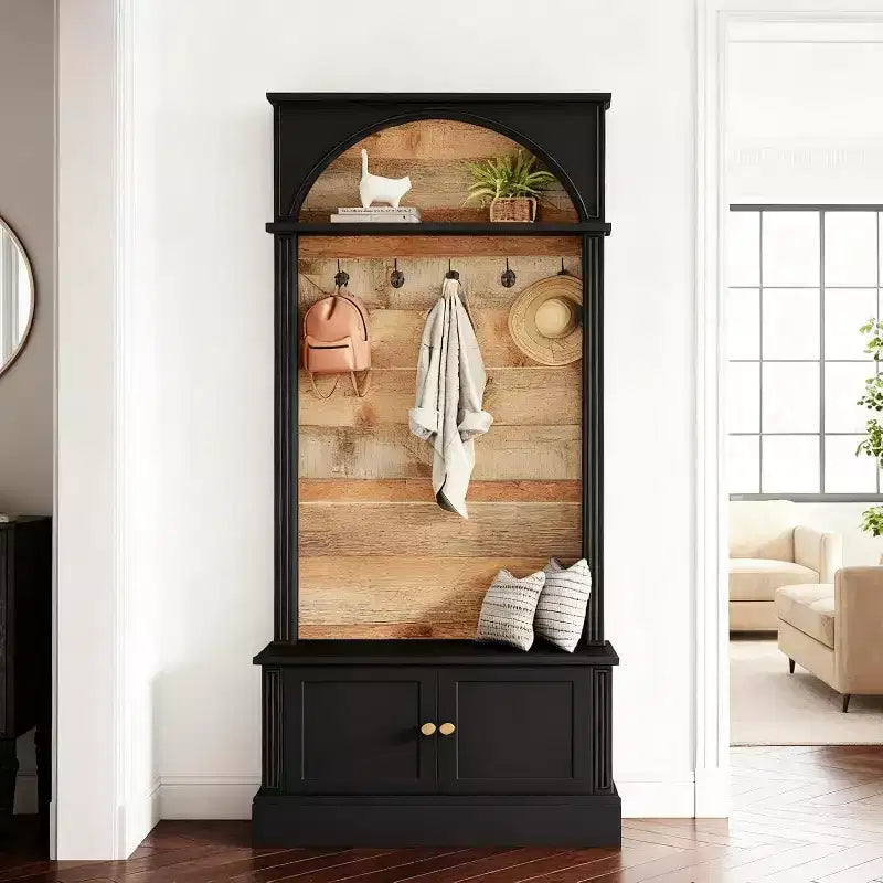 Porte-manteau Lantine de 180 cm avec banc de rangement, meuble d'entrée 4 en 1 avec porte-manteau et 5 crochets pour entrée, couloir, noir et marron