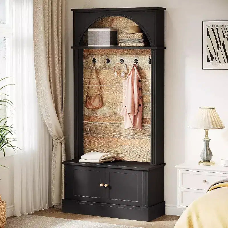 Porte-manteau Lantine de 180 cm avec banc de rangement, meuble d'entrée 4 en 1 avec porte-manteau et 5 crochets pour entrée, couloir, noir et marron