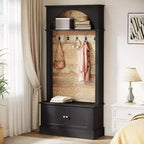 Porte-manteau Lantine de 180 cm avec banc de rangement, meuble d'entrée 4 en 1 avec porte-manteau et 5 crochets pour entrée, couloir, noir et marron