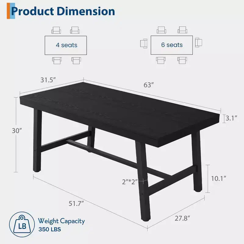 Table à manger industrielle pour 4 à 6 personnes, table de cuisine longue de 160 cm avec plateau en bois, cadre métallique robuste et finition marron rustique – table rectangulaire pour 4 places