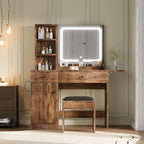 Coiffeuse de maquillage avec miroir et lumières, ensemble de coiffeuse avec tiroir et prise de courant, chaise de rangement et 3 étagères, chambre à coucher