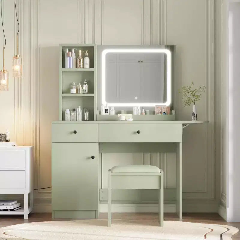 Coiffeuse de maquillage avec miroir et lumières, ensemble de coiffeuse avec tiroir et prise de courant, chaise de rangement et 3 étagères, chambre à coucher