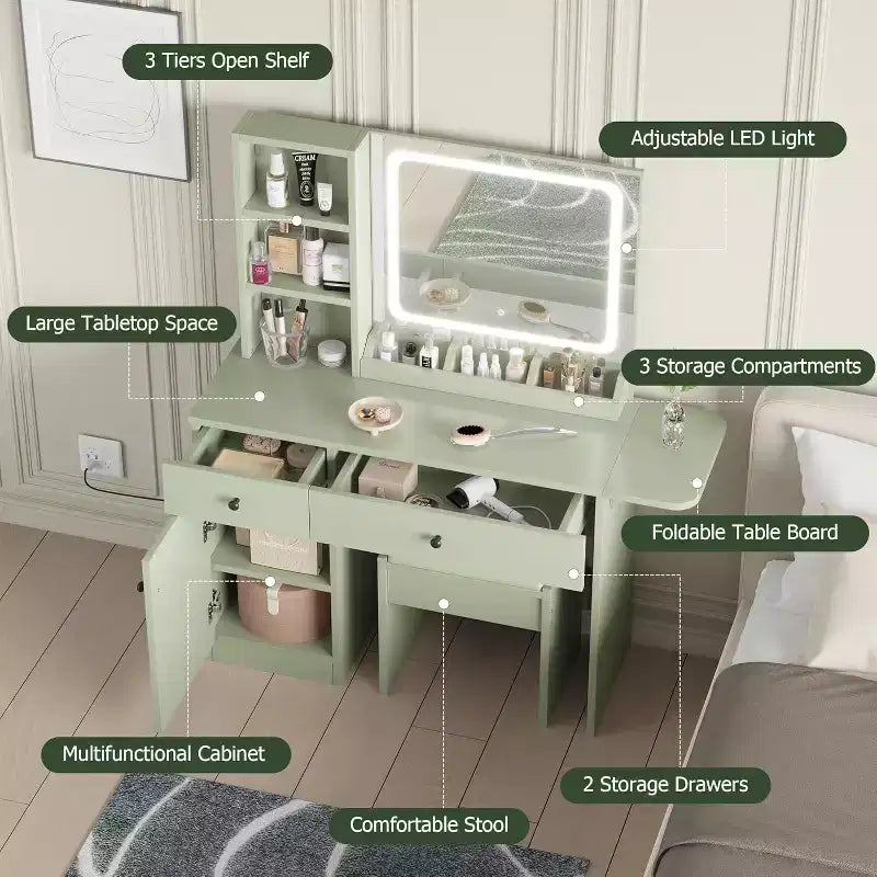 Coiffeuse de maquillage avec miroir et lumières, ensemble de coiffeuse avec tiroir et prise de courant, chaise de rangement et 3 étagères, chambre à coucher