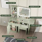 Coiffeuse de maquillage avec miroir et lumières, ensemble de coiffeuse avec tiroir et prise de courant, chaise de rangement et 3 étagères, chambre à coucher