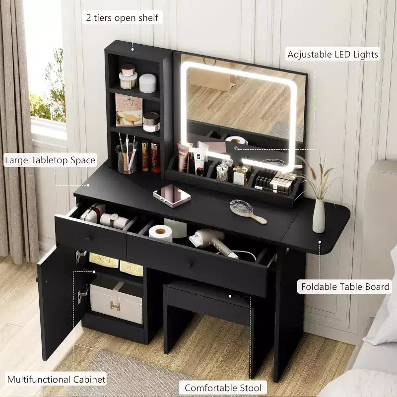 Coiffeuse de maquillage avec miroir et lumières, ensemble de coiffeuse avec tiroir et prise de courant, chaise de rangement et 3 étagères, chambre à coucher