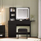 Coiffeuse de maquillage avec miroir et lumières, ensemble de coiffeuse avec tiroir et prise de courant, chaise de rangement et 3 étagères, chambre à coucher