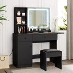 Coiffeuse de maquillage avec miroir et lumières, ensemble de coiffeuse avec tiroir et prise de courant, chaise de rangement et 3 étagères, chambre à coucher