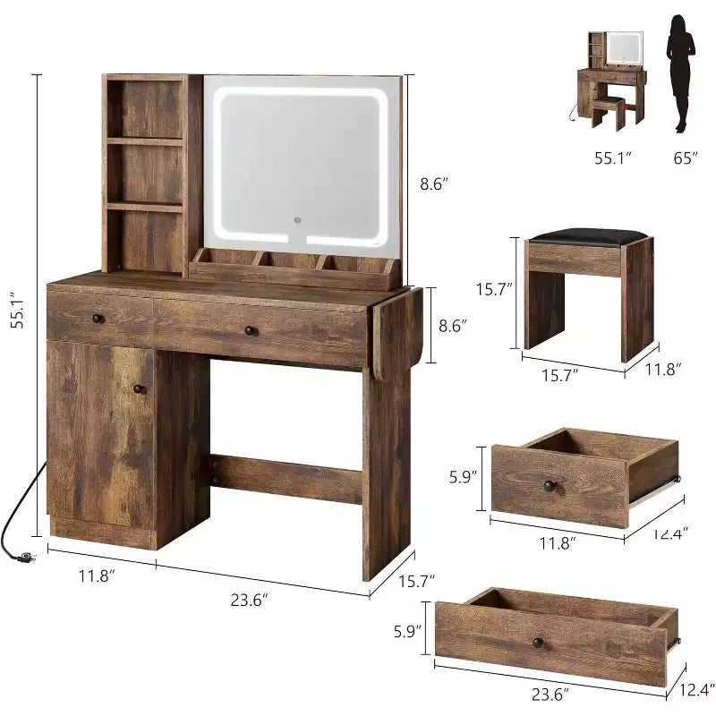 Coiffeuse de maquillage avec miroir et lumières, ensemble de coiffeuse avec tiroir et prise de courant, chaise de rangement et 3 étagères, chambre à coucher