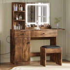 Coiffeuse de maquillage avec miroir et lumières, ensemble de coiffeuse avec tiroir et prise de courant, chaise de rangement et 3 étagères, chambre à coucher