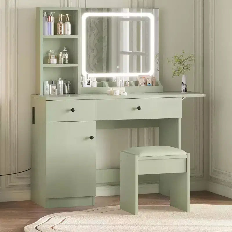 Coiffeuse de maquillage avec miroir et lumières, ensemble de coiffeuse avec tiroir et prise de courant, chaise de rangement et 3 étagères, chambre à coucher
