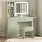 Coiffeuse de maquillage avec miroir et lumières, ensemble de coiffeuse avec tiroir et prise de courant, chaise de rangement et 3 étagères, chambre à coucher