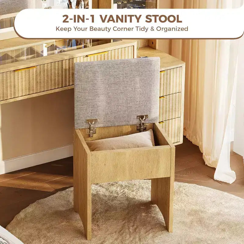 Coiffeuse 48 po avec miroir à LED et station de recharge - Table de maquillage à plateau en verre avec tabouret de rangement pour chambre à coucher