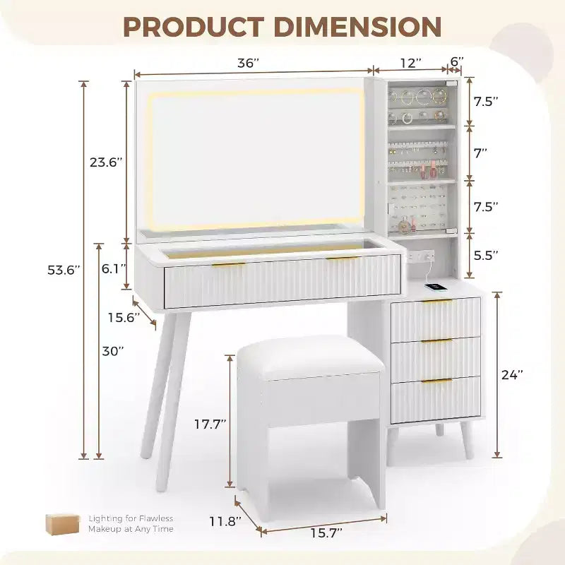 Coiffeuse 48 po avec miroir à LED et station de recharge - Table de maquillage à plateau en verre avec tabouret de rangement pour chambre à coucher