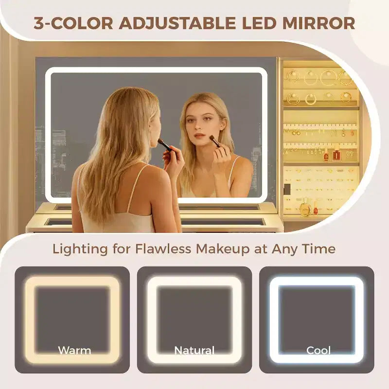Coiffeuse 48 po avec miroir à LED et station de recharge - Table de maquillage à plateau en verre avec tabouret de rangement pour chambre à coucher
