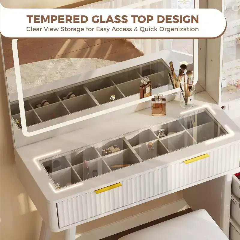 Coiffeuse 48 po avec miroir à LED et station de recharge - Table de maquillage à plateau en verre avec tabouret de rangement pour chambre à coucher