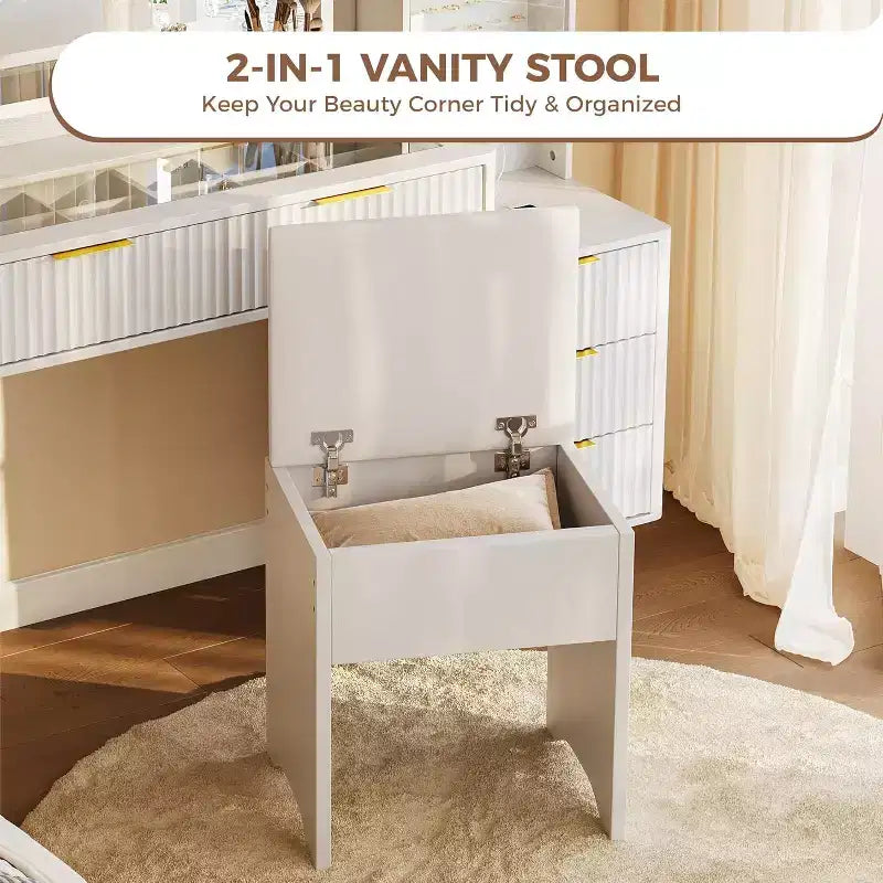 Coiffeuse 48 po avec miroir à LED et station de recharge - Table de maquillage à plateau en verre avec tabouret de rangement pour chambre à coucher
