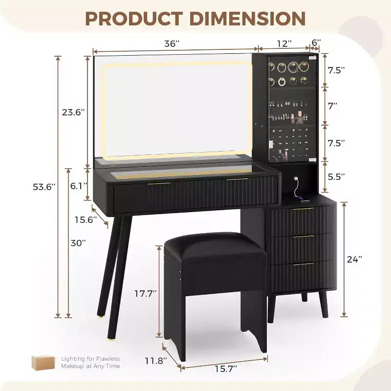 Coiffeuse 48 po avec miroir à LED et station de recharge - Table de maquillage à plateau en verre avec tabouret de rangement pour chambre à coucher