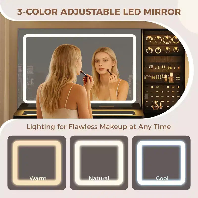 Coiffeuse 48 po avec miroir à LED et station de recharge - Table de maquillage à plateau en verre avec tabouret de rangement pour chambre à coucher