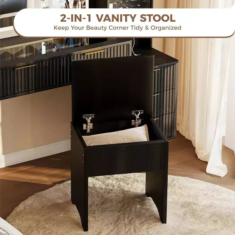 Coiffeuse 48 po avec miroir à LED et station de recharge - Table de maquillage à plateau en verre avec tabouret de rangement pour chambre à coucher