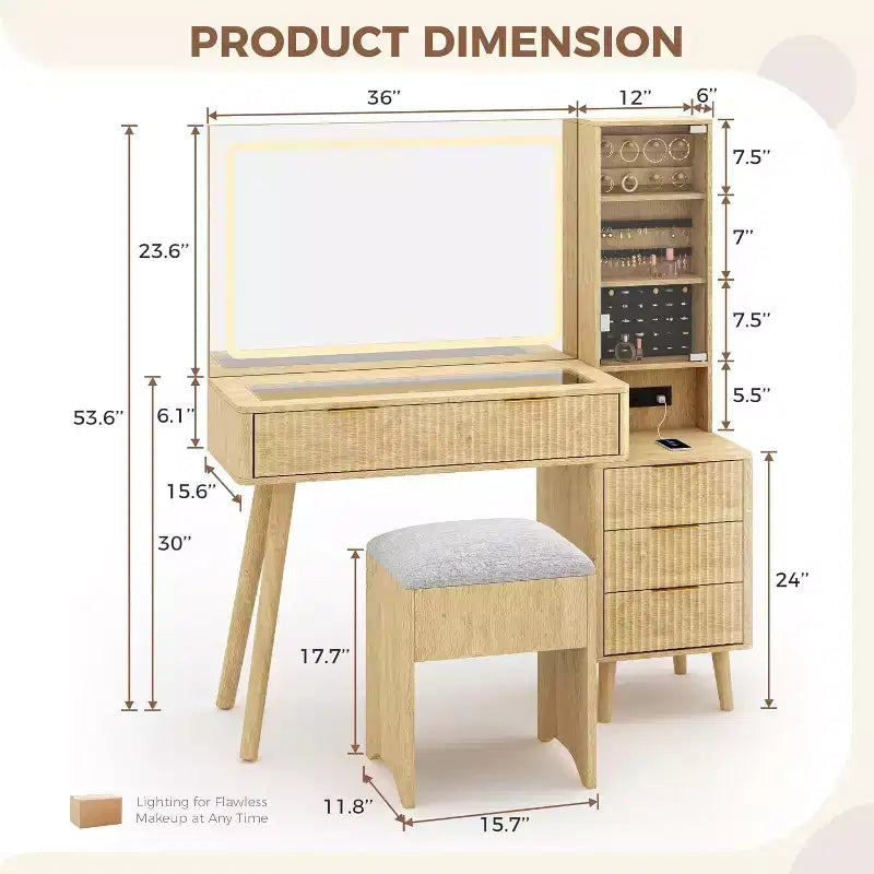 Coiffeuse 48 po avec miroir à LED et station de recharge - Table de maquillage à plateau en verre avec tabouret de rangement pour chambre à coucher