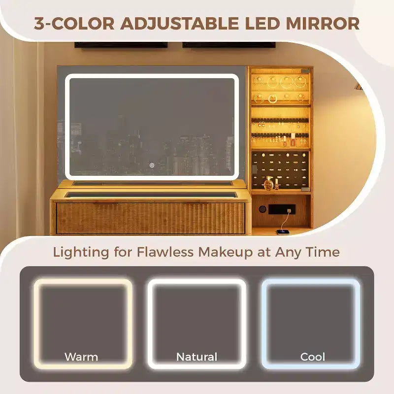 Coiffeuse 48 po avec miroir à LED et station de recharge - Table de maquillage à plateau en verre avec tabouret de rangement pour chambre à coucher