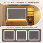 Coiffeuse 48 po avec miroir à LED et station de recharge - Table de maquillage à plateau en verre avec tabouret de rangement pour chambre à coucher