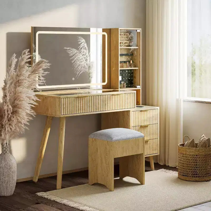 Coiffeuse 48 po avec miroir à LED et station de recharge - Table de maquillage à plateau en verre avec tabouret de rangement pour chambre à coucher