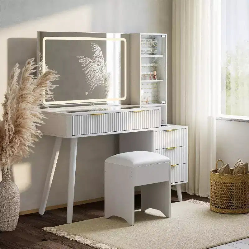 Coiffeuse 48 po avec miroir à LED et station de recharge - Table de maquillage à plateau en verre avec tabouret de rangement pour chambre à coucher