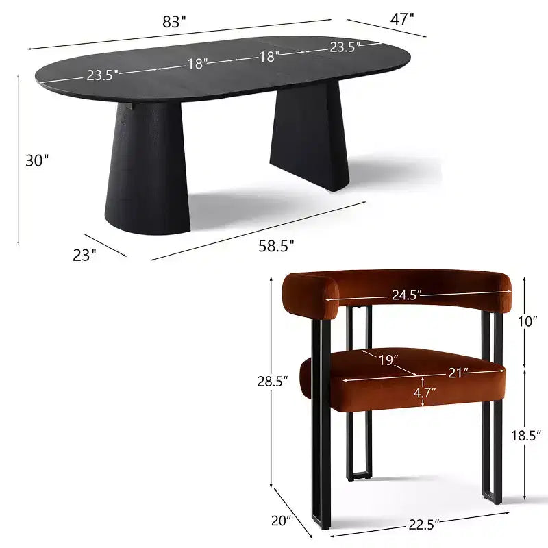Ensemble de table à manger extensible 47-83 pour 8, table noire et 8 fauteuils en velours avec pieds en métal élégants, idéal pour les réceptions - Panipeachy