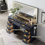 Coiffeuse à 48 cannelures avec miroir et lumières, table de maquillage moderne avec 8 tiroirs et station de charge, coiffeuse avec plateau en verre