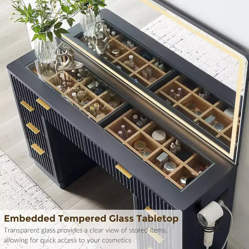 Coiffeuse à 48 cannelures avec miroir et lumières, table de maquillage moderne avec 8 tiroirs et station de charge, coiffeuse avec plateau en verre