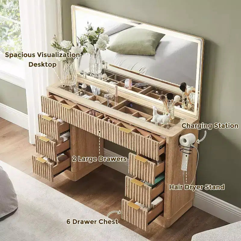 Coiffeuse à 48 cannelures avec miroir et lumières, table de maquillage moderne avec 8 tiroirs et station de charge, coiffeuse avec plateau en verre