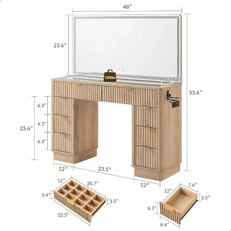 Coiffeuse à 48 cannelures avec miroir et lumières, table de maquillage moderne avec 8 tiroirs et station de charge, coiffeuse avec plateau en verre