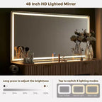 Coiffeuse à 48 cannelures avec miroir et lumières, table de maquillage moderne avec 8 tiroirs et station de charge, coiffeuse avec plateau en verre