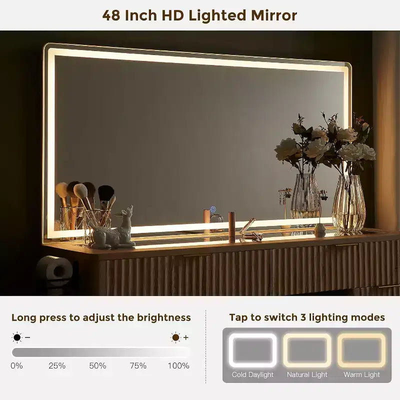 Coiffeuse à 48 cannelures avec miroir et lumières, table de maquillage moderne avec 8 tiroirs et station de charge, coiffeuse avec plateau en verre