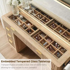 Coiffeuse à 48 cannelures avec miroir et lumières, table de maquillage moderne avec 8 tiroirs et station de charge, coiffeuse avec plateau en verre