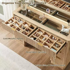 Coiffeuse à 48 cannelures avec miroir et lumières, table de maquillage moderne avec 8 tiroirs et station de charge, coiffeuse avec plateau en verre