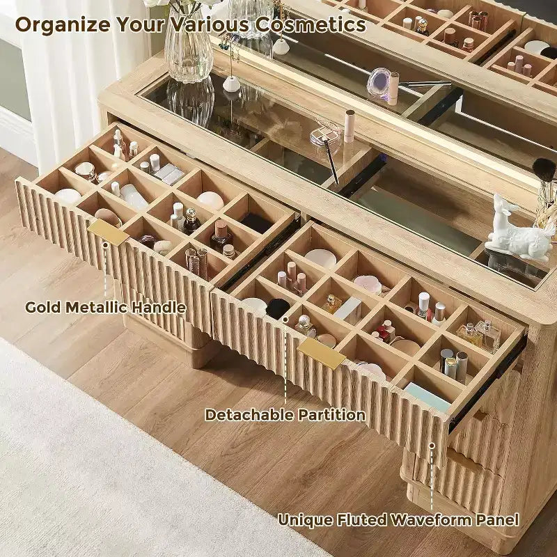 Coiffeuse à 48 cannelures avec miroir et lumières, table de maquillage moderne avec 8 tiroirs et station de charge, coiffeuse avec plateau en verre