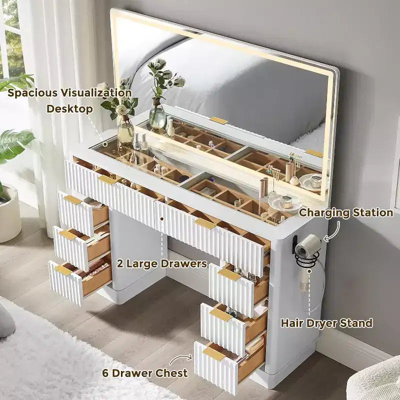 Coiffeuse à 48 cannelures avec miroir et lumières, table de maquillage moderne avec 8 tiroirs et station de charge, coiffeuse avec plateau en verre