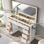 Coiffeuse à 48 cannelures avec miroir et lumières, table de maquillage moderne avec 8 tiroirs et station de charge, coiffeuse avec plateau en verre