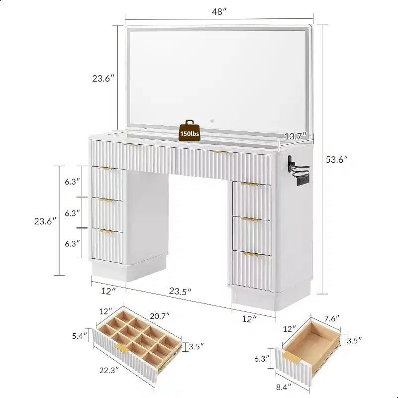 Coiffeuse à 48 cannelures avec miroir et lumières, table de maquillage moderne avec 8 tiroirs et station de charge, coiffeuse avec plateau en verre