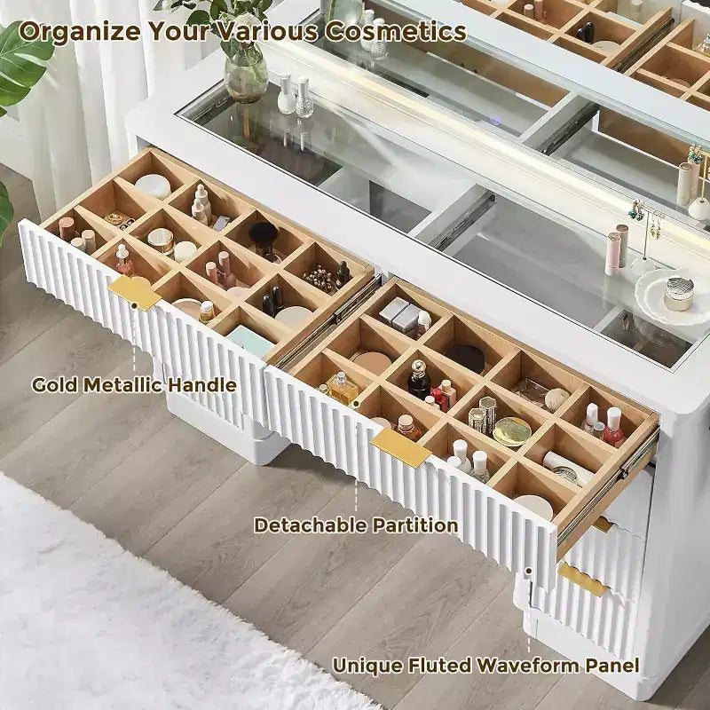 Coiffeuse à 48 cannelures avec miroir et lumières, table de maquillage moderne avec 8 tiroirs et station de charge, coiffeuse avec plateau en verre