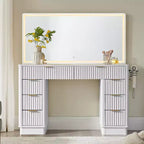Coiffeuse à 48 cannelures avec miroir et lumières, table de maquillage moderne avec 8 tiroirs et station de charge, coiffeuse avec plateau en verre