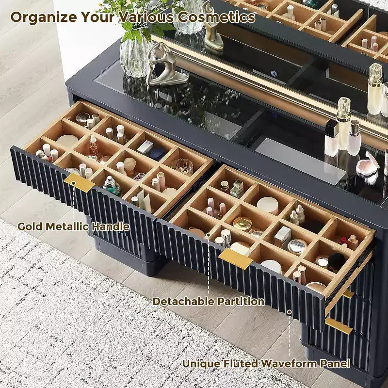 Coiffeuse à 48 cannelures avec miroir et lumières, table de maquillage moderne avec 8 tiroirs et station de charge, coiffeuse avec plateau en verre