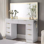 Coiffeuse à 48 cannelures avec miroir et lumières, table de maquillage moderne avec 8 tiroirs et station de charge, coiffeuse avec plateau en verre